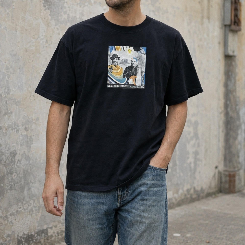 Surrealist Folk Art Portrait Collage Graphic Tee Mens L Black Indie Boho - Picture 3 of 4
